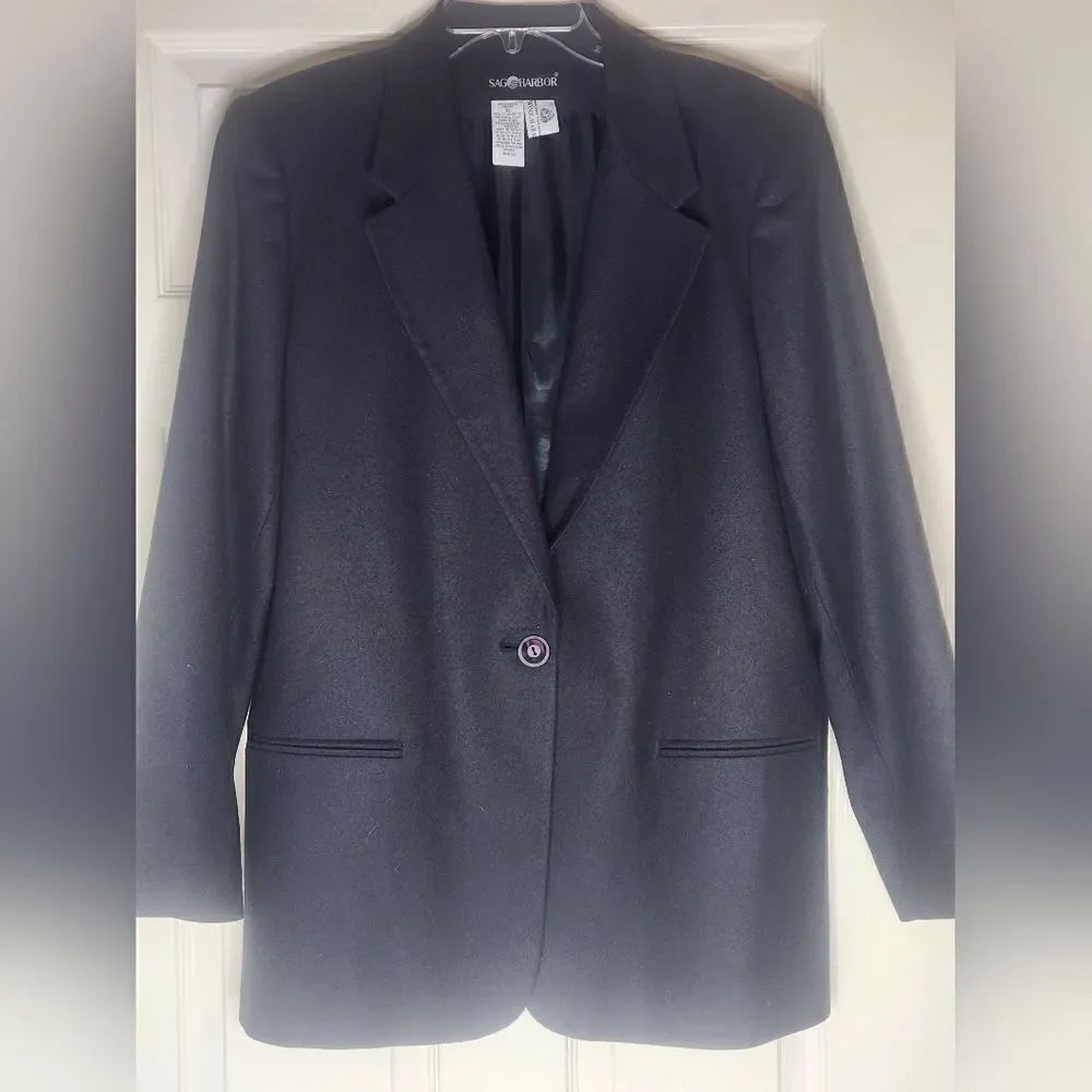 Vtg 80s Sag Harbor 16 Navy Blue 100%WOOL Lined 1 Button Women's Blazer